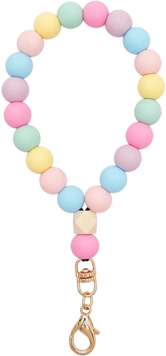TOVBMUP 1 Stuks Handy aanhanger - Sleutelhanger Armband - Regenboogkleurige Siliconen en Houten Kralen Lanyard 20-26cm - Geschikt voor Sleutels Portemonnee en Tassen - Modieus Accessoire als Polsband of Kaarthouder