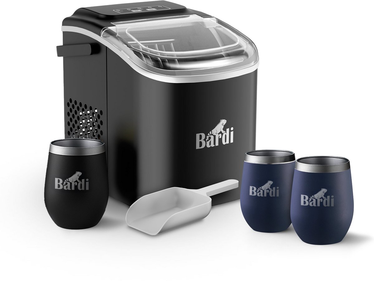 Bardi Deluxe ijsblokjesmachine set – 1,2L – Zwart– Inclusief 3 Luxe Thermosbekers en ijsschep – Blauw