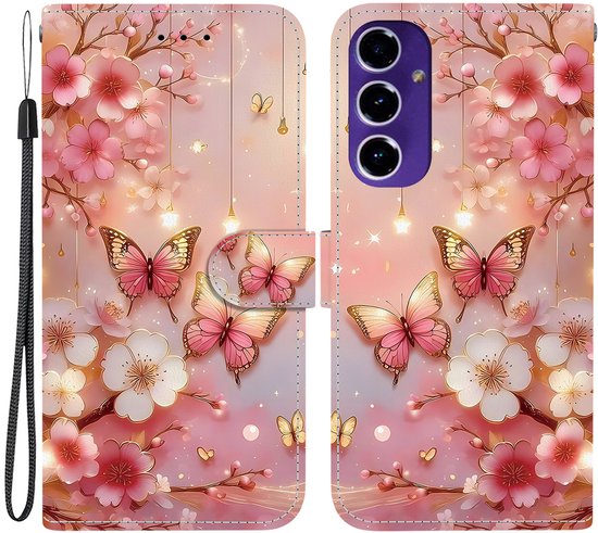Étui de téléphone rose avec fleurs de cerisier et papillons roses, avec dragonne.
