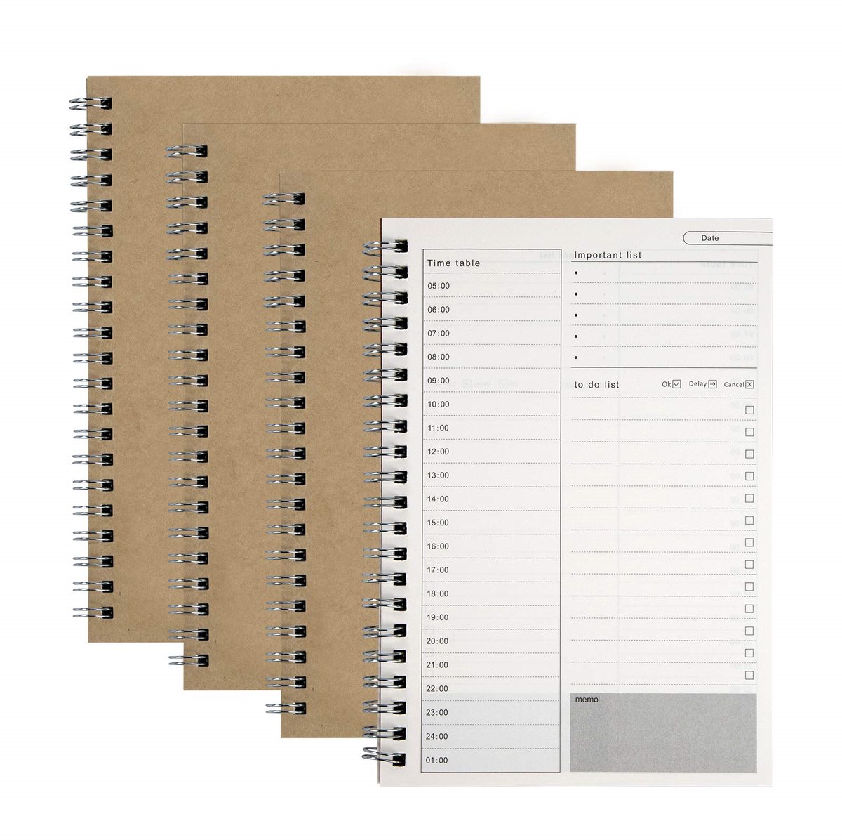 4-delige A5 Dagelijkse Planner Set – Spiraalnotitieboeken met 400 Pagina’s, Kraft Kaft en Tijdmanagement Indeling
