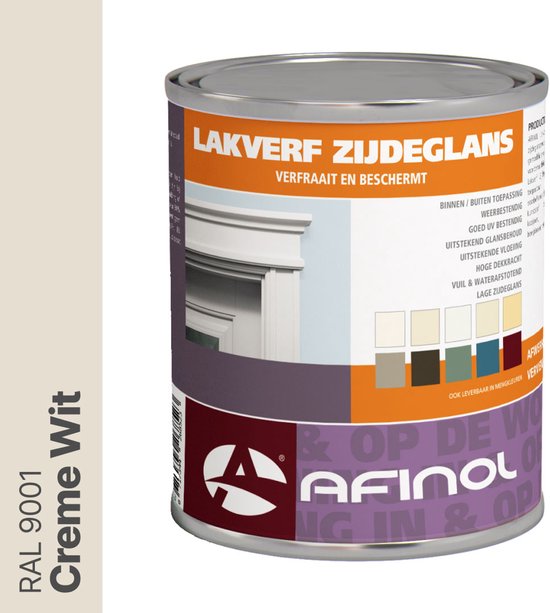 Blik Afinol zijdeglans lakverf Creme Wit RAL 9001. Met kleurstalen.