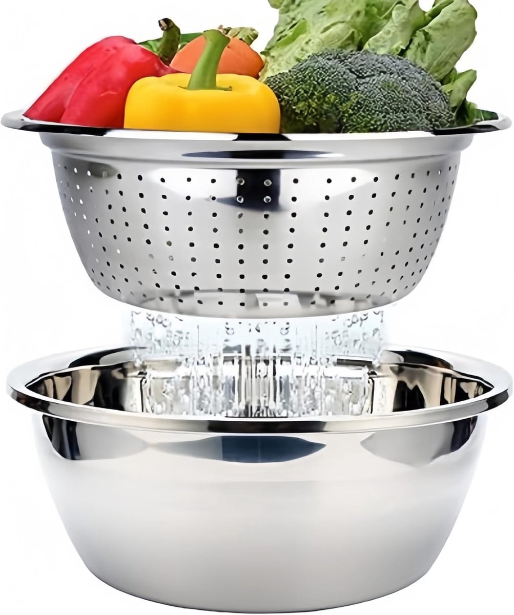 RVS Vergiet & Kom Set – 26 cm – Hoogwaardig 304 Roestvrij Staal – Stapelbaar, Duurzaam & Roestvrij – Voor Groente, Fruit, Pasta & Salades