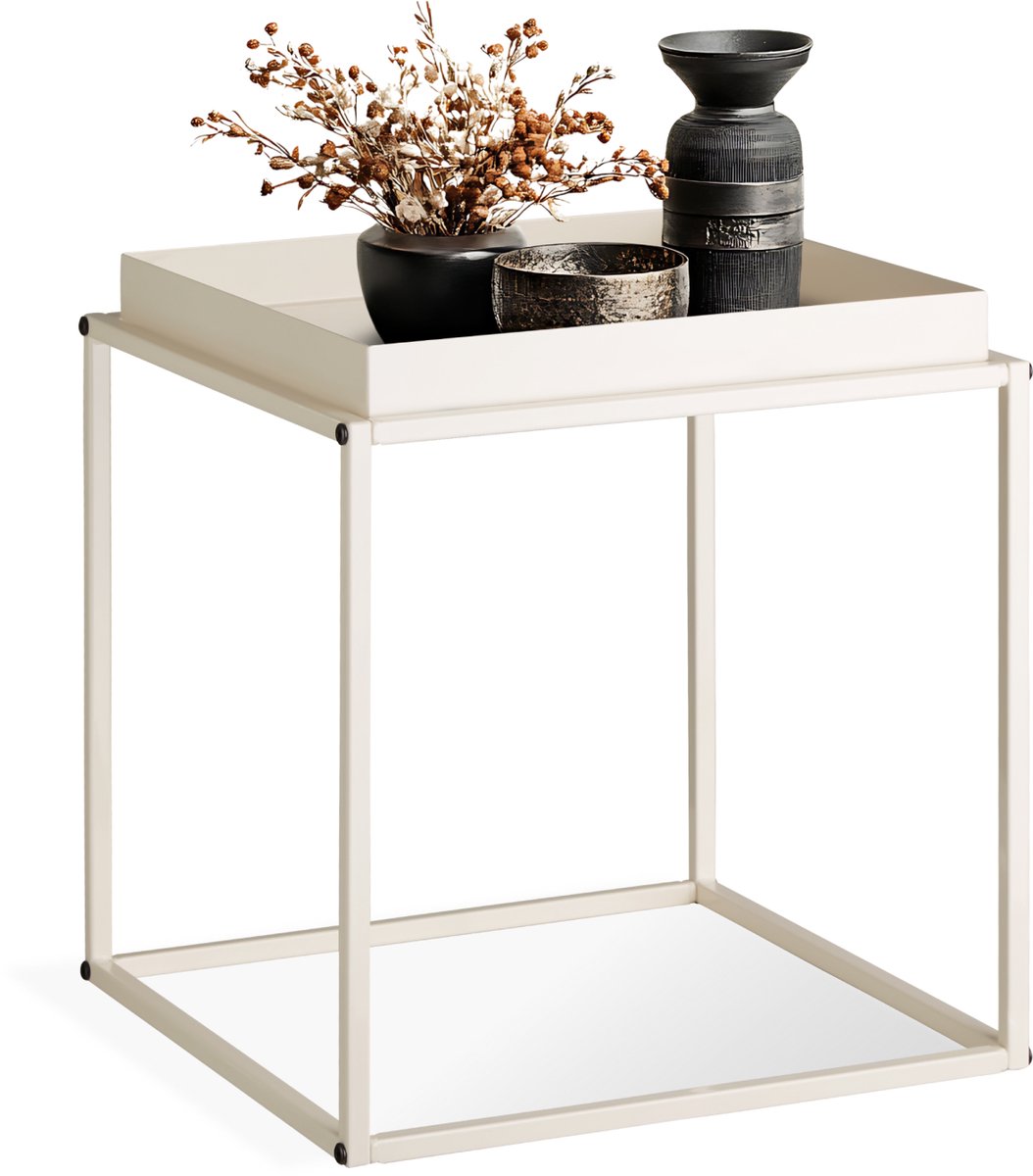tectake® Bijzettafel van Metaal - Vierkant, Stapelbaar, Plank met Hoge Rand - Dienbladtafel in Retro-Look - 40 x 40 x 44 cm - (Crème | Nr. 404184)