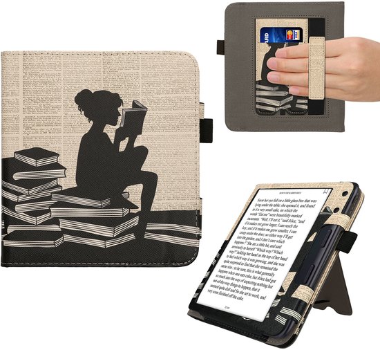 E-reader hoesje met een zwart silhouet van een zittend meisje op boeken, op een beige achtergrond met tekst. Kaarthouders en een handvat aan de achterkant.