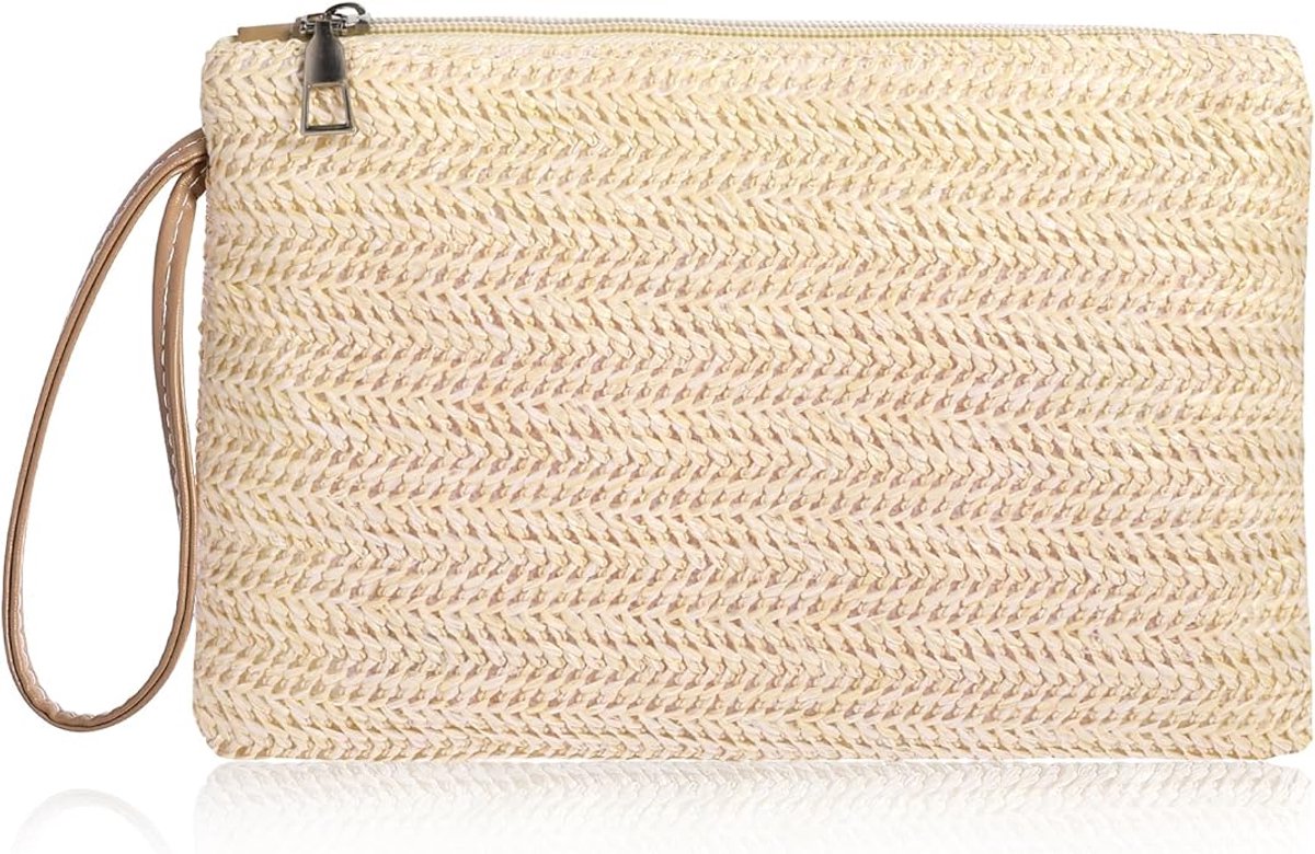 Dames handtas van stro, bohemian stijl, zomer, strand, zeedoek, rits, stro handtas voor dames en meisjes, beige