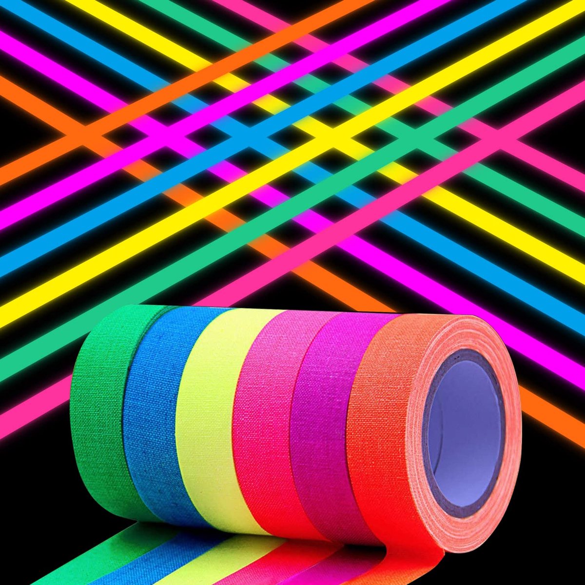 6 stuks fluorescerende textieltape Glow in the Dark tapes Blacklight plakband Lichtgevende tapes Neon gaffer textieltape Glow feestbenodigdheden voor muren en trappen - 1,5 cm * 5 m