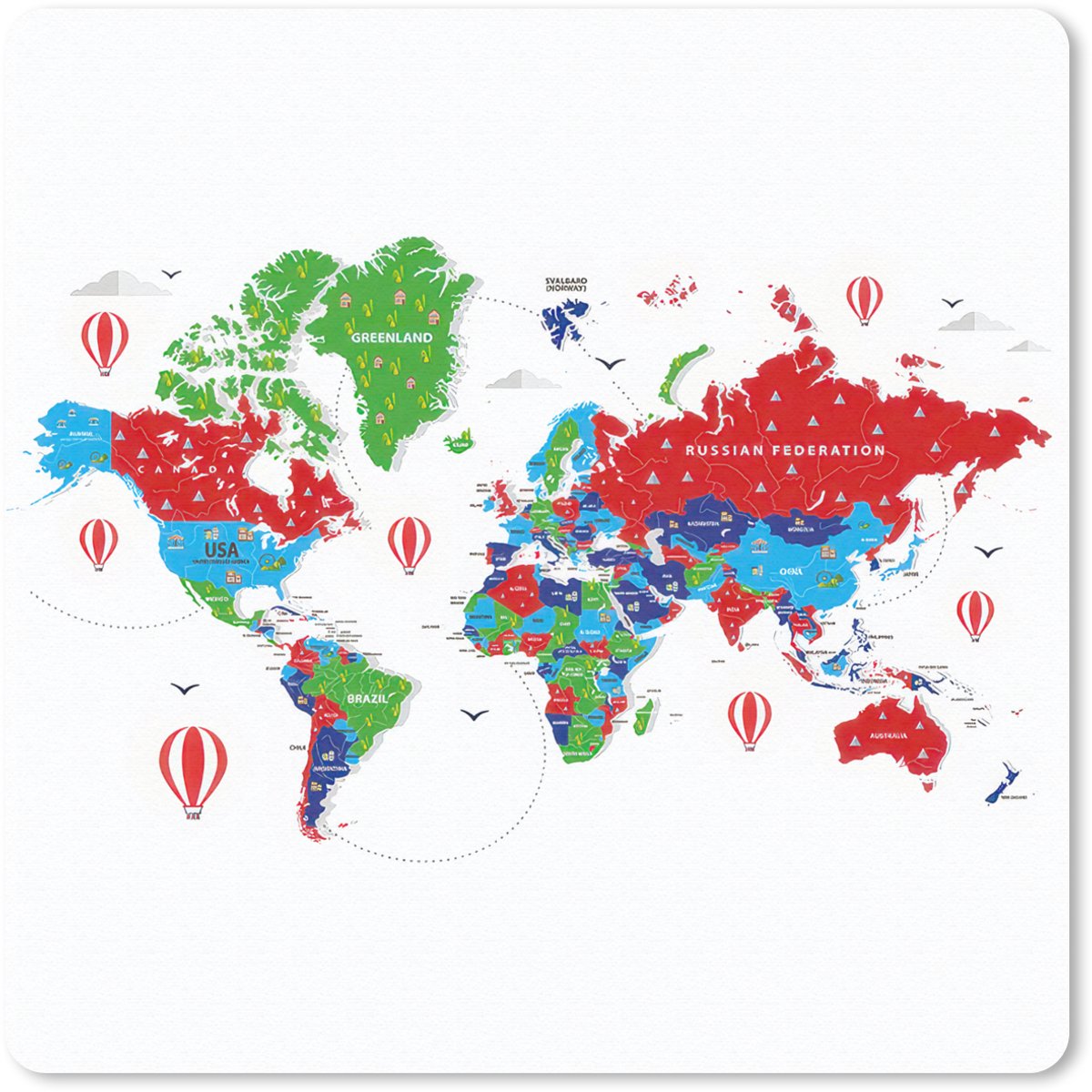 Muismat 30x30 cm - Mousepad Wereldkaart - Kleuren - Luchtballon - Muismatten