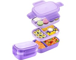 Lunchbox-lunchbox kinderen-lunchbox volwassenen-stapelbare Bento Lunchbox - 3-laags stapelbare Bento Lunchbox - Volwassenen en kinderen, Ingebouwde bestekset, Lekvrije Bento Lunchbox - Perfect om uit eten te gaan, op het werk - Paars-21,5 x 14,5 x 10