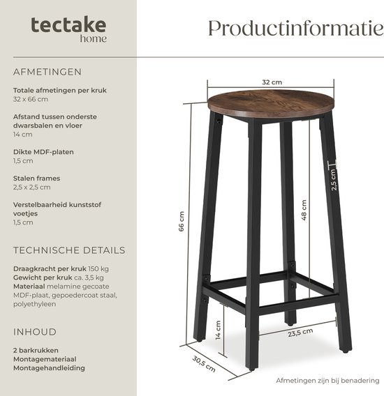 Set - Lot de 2 tabourets de bar "Corby" - industriel - marron foncé - 404332