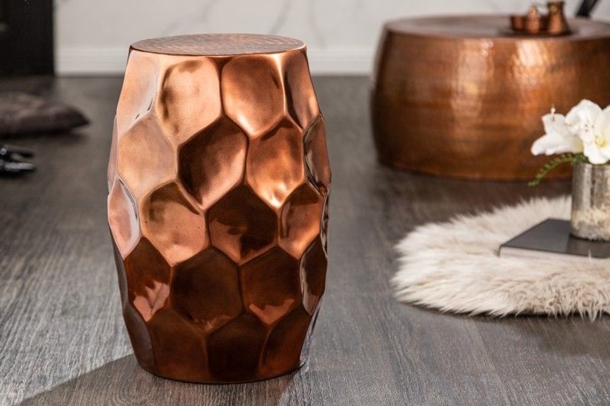 Invicta Interior Handgemaakte bijzettafel ORGANIC ORIENT 50cm koper metaal gehamerd ontwerp honingraat rond - 40229 Zie omschrijving