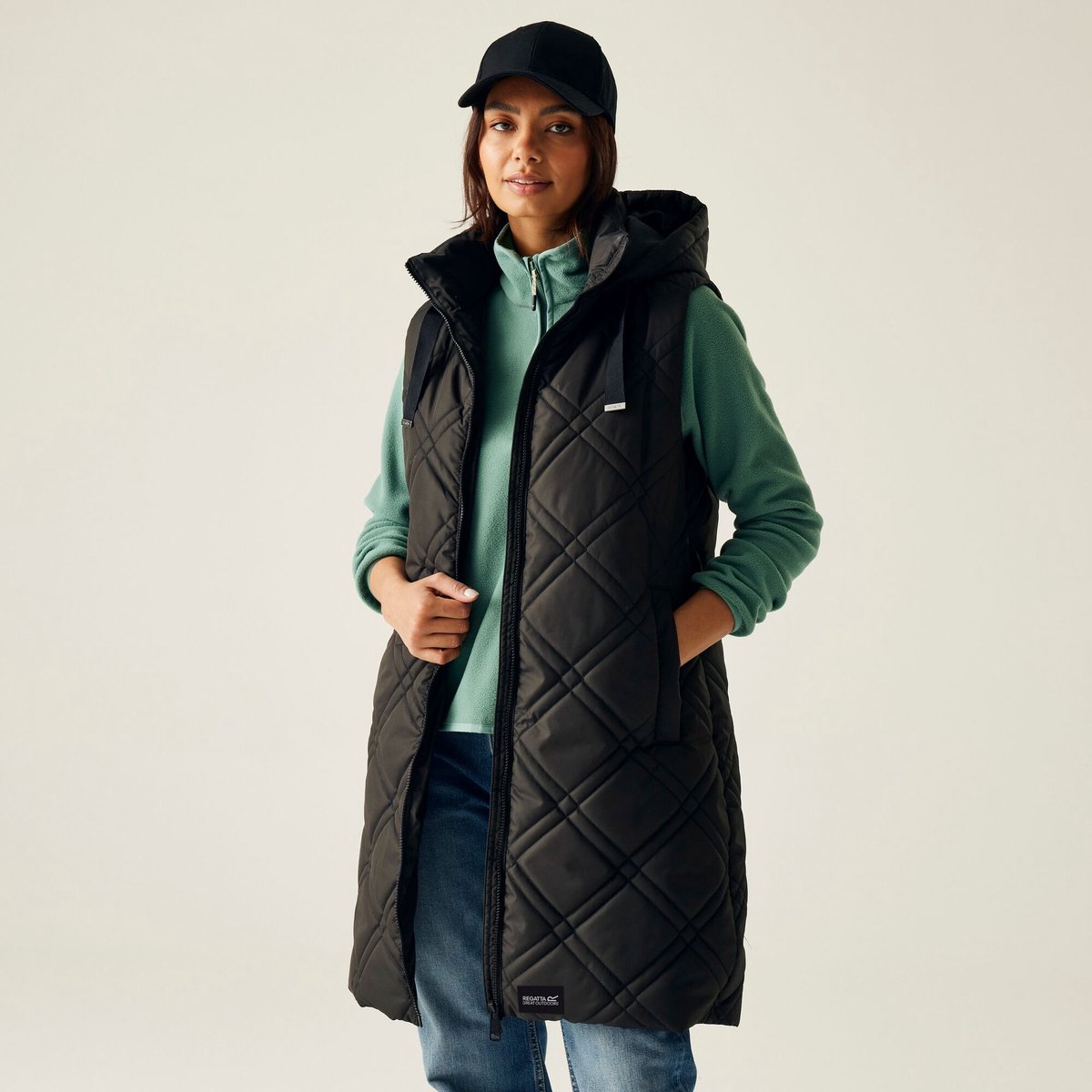 Rurietta lange donzen gilet bodywarmer met capuchon voor dames Zwart