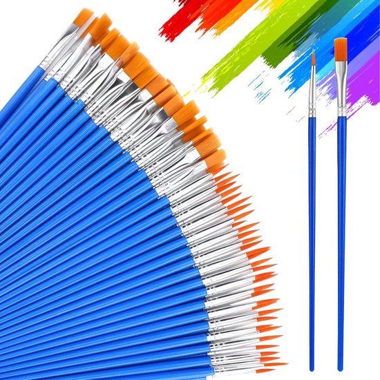 Lot De 50 Pinceaux Ronds Et Plats – Nylon, Manche Plastique, Acrylique, Aquarelle