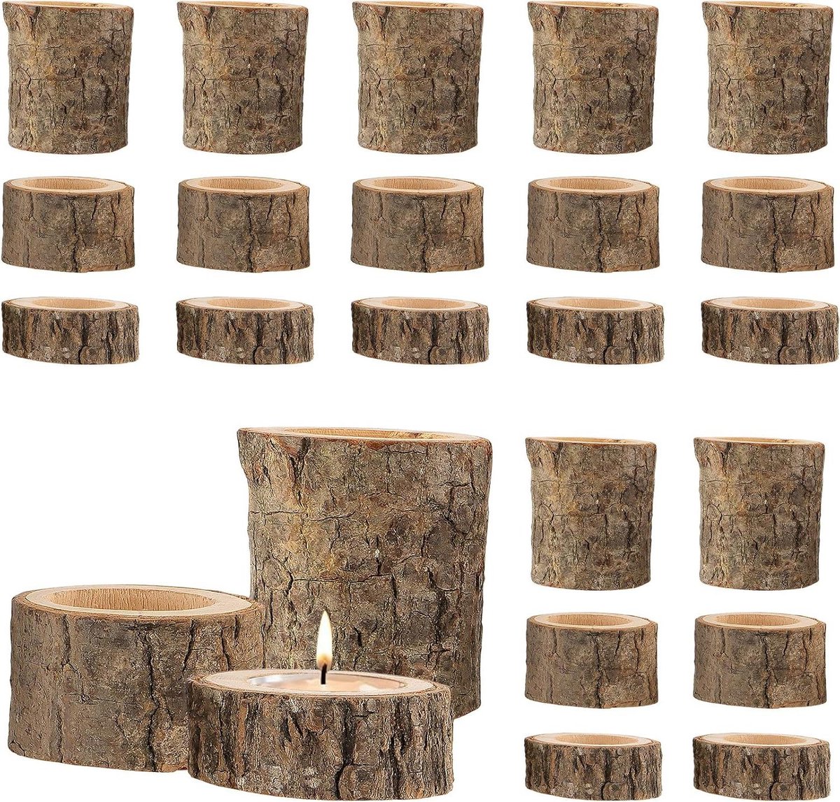 Allecto plus - Houten Theelichthouders Set van 24 - Drie Maten Kandelaars van Hout - Kandelaar voor Bruiloft Decoratie - 55 x 25 cm, 55 x 6 cm, 6 x 7 cm met Gratis Verzending.