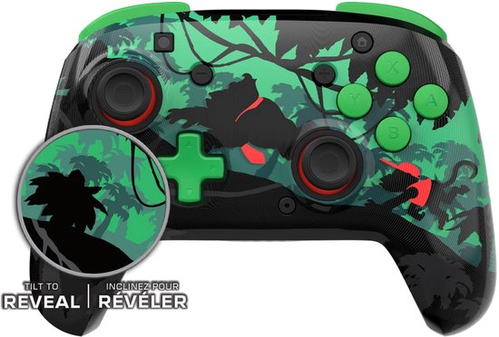 Zwarte controller met Donkey Kong-thema en jungle-print, groene knoppen en rode accenten. Close-up toont Donkey Kong.