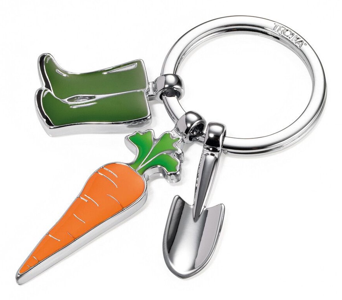 TROIKA Sleutelhanger "Garden Love" Tuinier Rubberen Laarzen, Tuinschep, Wortel - Geluksbrenger als Cadeau voor Hobbytuinders - Hoogwaardig Verchroomd Metaal Gietwerk en Emaille - Groen, Oranje