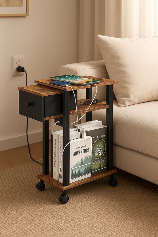 HOOBRO Smalle bijzettafel, smalle bijzettafel, industriële nachtkastjes met tijdschriftenhouder, kleine tafel voor kleine ruimtes, magere tijdschrifttafel, metalen frame, rustiek bruin en zwart HOOBRO Smalle bijzettafel, smalle bijzettafel, industriële nachtkastjes met tijdschriftenhouder, kleine tafel voor kleine ruimtes, magere tijdschrifttafel, metalen frame, rustiek bruin en zwart