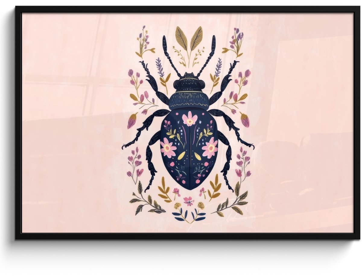 FrameYourWall Poster in lijst - Fotolijst 120x80 cm - Posters - Donkerblauw - Kever - Bloemtakken - Sierlijk - Posterlijst zwart - Decoratie - Wanddecoratie woonkamer - Muurdecoratie slaapkamer Kever - Bloemen