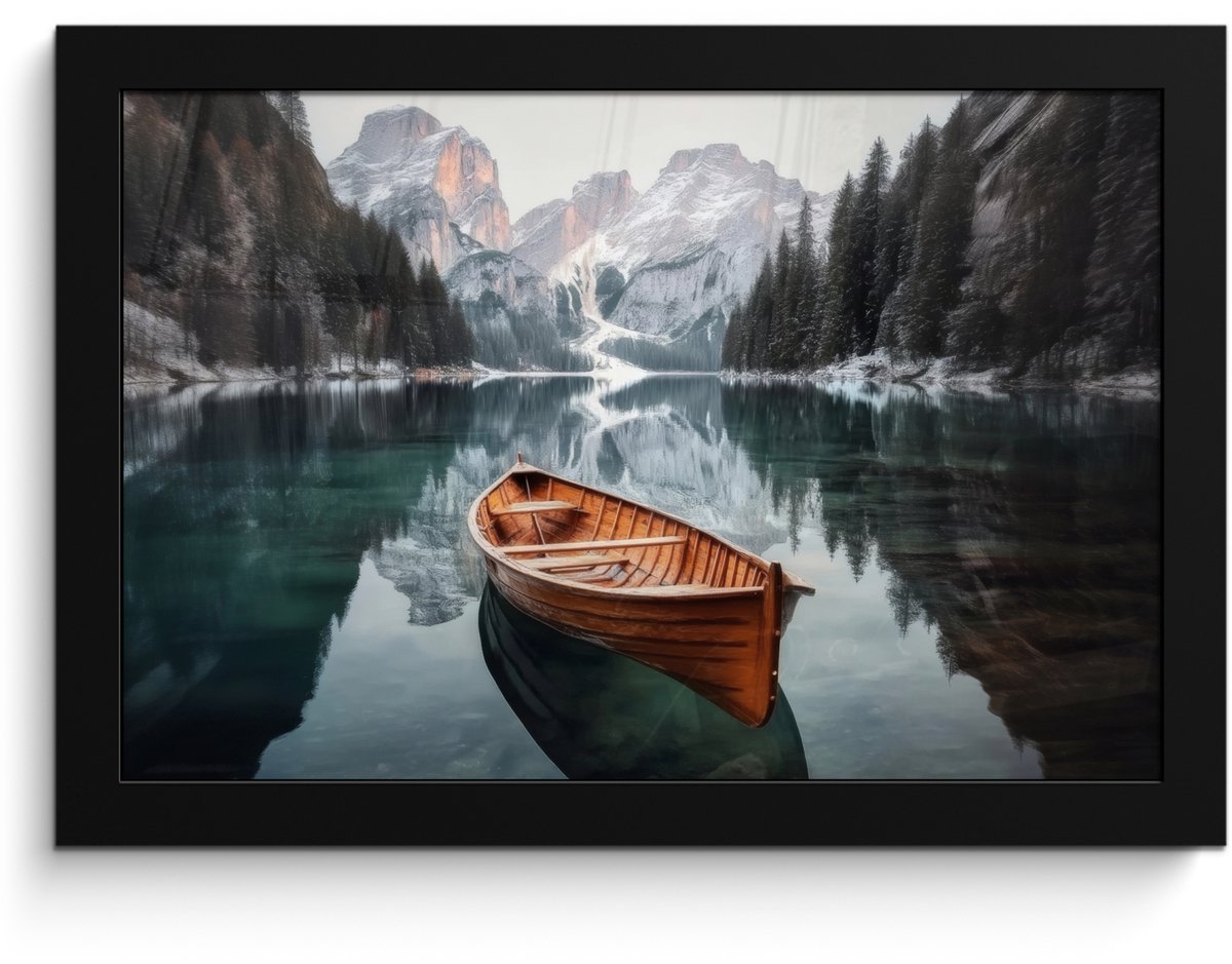 FrameYourWall Poster in lijst - Fotolijst 30x20 cm - Posters - Boot - Bergen - Natuur - Water - Posterlijst zwart - Decoratie - Wanddecoratie woonkamer - Muurdecoratie slaapkamer