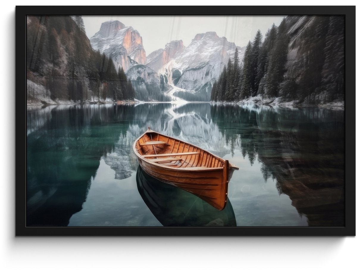 FrameYourWall Poster in lijst - Fotolijst 60x40 cm - Posters - Boot - Bergen - Natuur - Water - Posterlijst zwart - Decoratie - Wanddecoratie woonkamer - Muurdecoratie slaapkamer