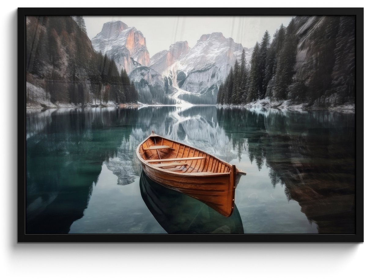 FrameYourWall Poster in lijst - Fotolijst 90x60 cm - Posters - Boot - Bergen - Natuur - Water - Posterlijst zwart - Decoratie - Wanddecoratie woonkamer - Muurdecoratie slaapkamer