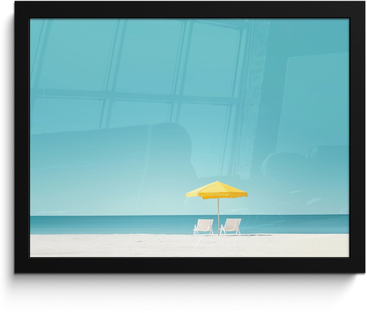 Poster in lijst - Fotolijst 40x30 cm - Posters - Strand - Blauwe lucht - Geel - Parasol -