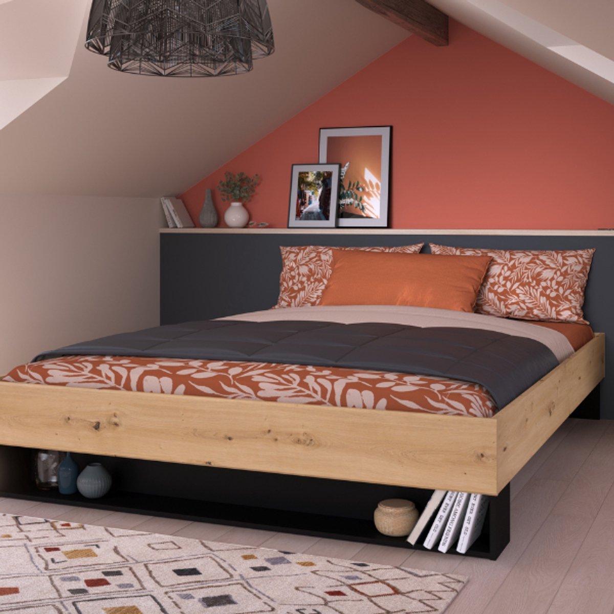 Tweepersoonsbed Stamp | 206 X 163,8 X 37,7 Cm | Artisan Oak Brown - Parisot - Tweepersoons Bedkader - Bruin - Spaanplaat Tweepersoons Normaal Bed