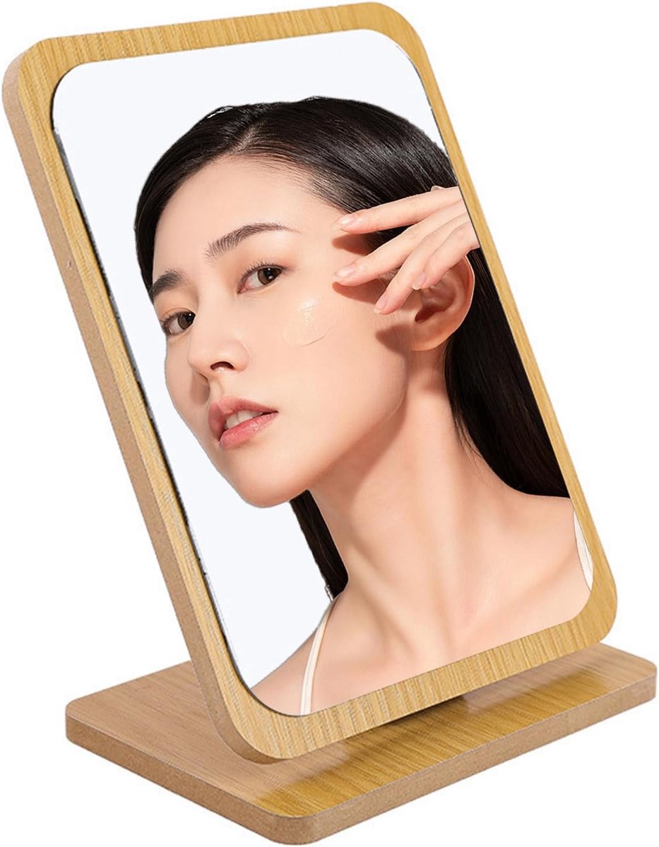 DEANKEJI Standing Table Mirror, Wooden Makeup Mirror, Adjustable Corner Mirror for Standing, Table Mirror with Wooden Pedestal for Bedroom, Bathroom, Office, School