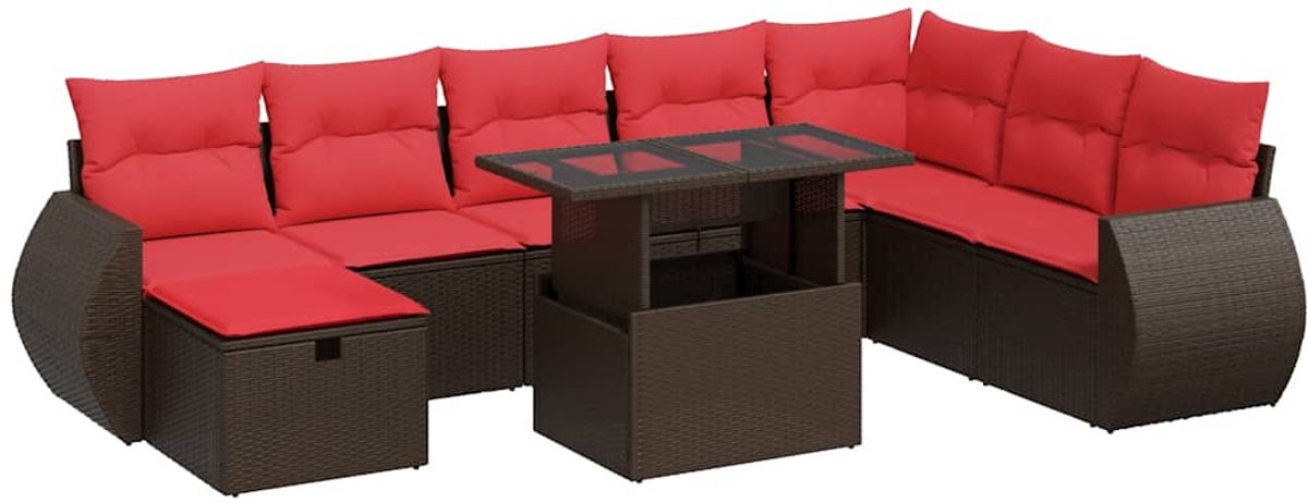 vidaXL 9-delige - Loungeset - met - kussens - poly - rattan - acacia - zwart Bruin