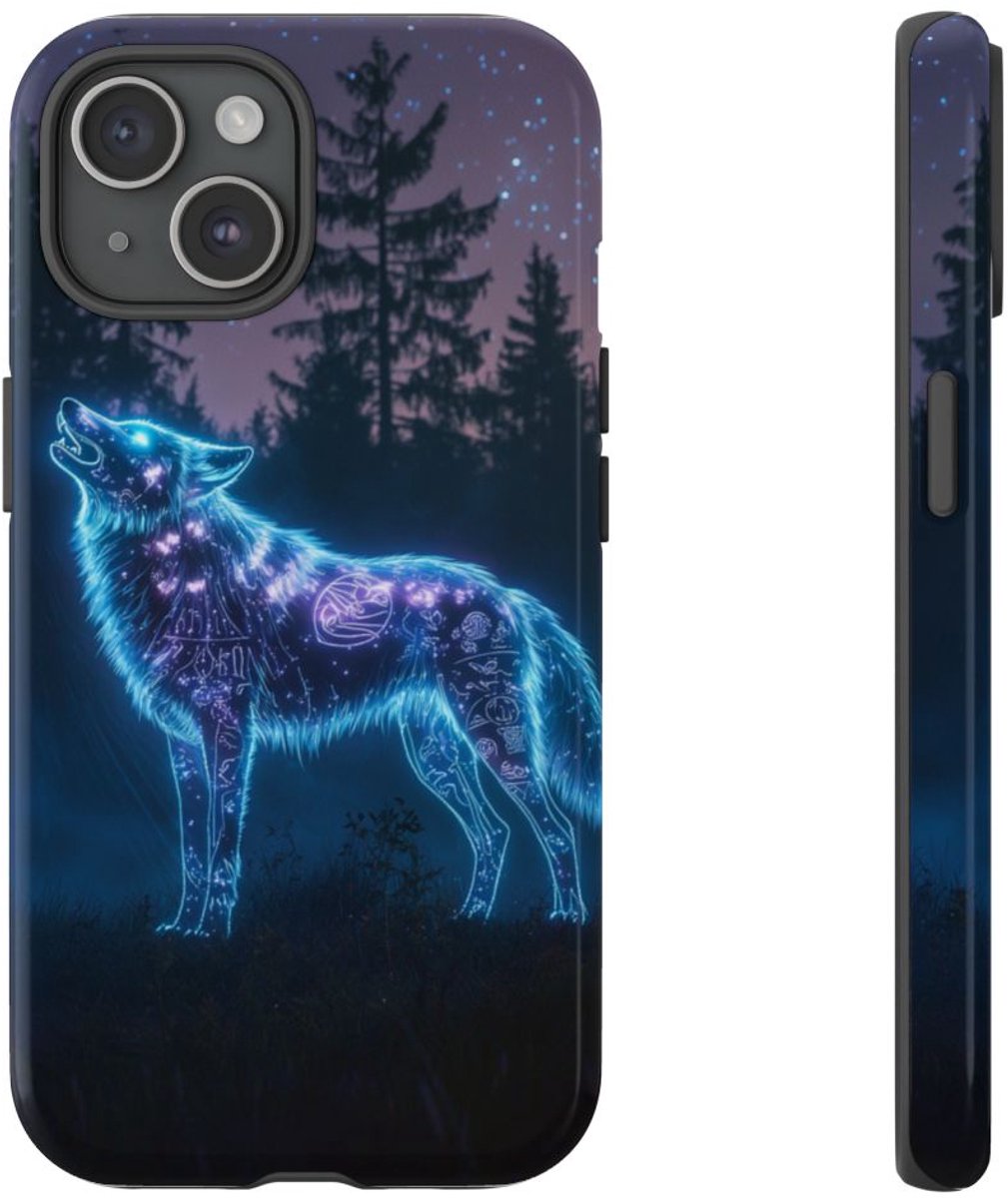 Gloeiende Wolf met Oeroude Symbolen – Telefoonhoesje Geschikt voor iPhone 15