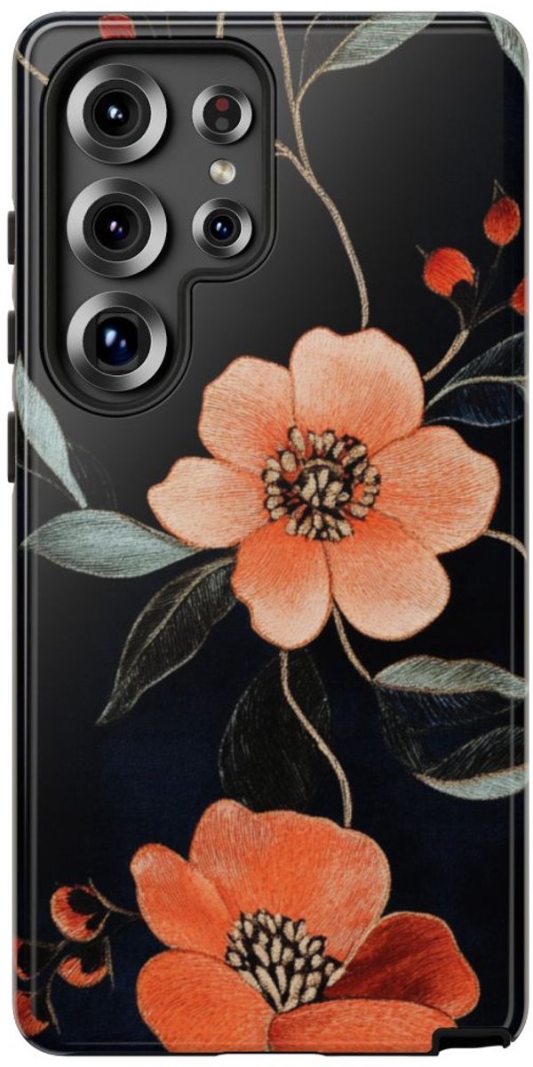Oranje Geborduurd Bloemenpatroon – Telefoonhoesje Geschikt voor Samsung Galaxy S25 Ultra