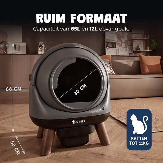 De JC Pets automatische kattenbak met afmetingen van 66 cm hoogte en 30 cm breedte van de opening. Capaciteit van 65L en 8L opvangbak. Geschikt voor katten tot 11kg.
