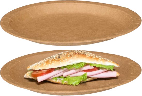 Twee bruine papieren borden, één met een broodje ham, sla en tomaat.