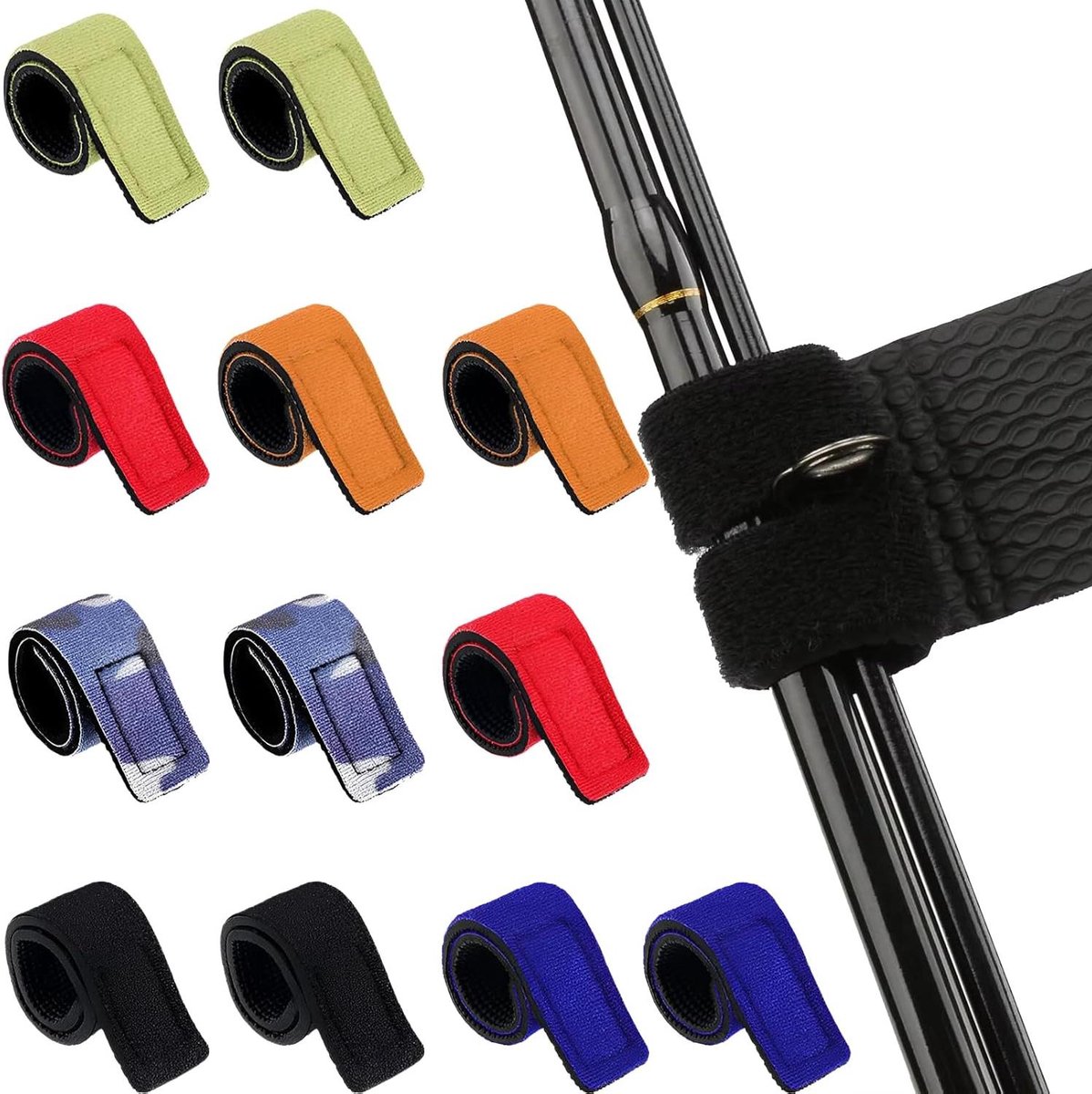 Allecto Plus - Hengelriemen voor hengelbescherming en bevestiging - 12 stuks, 6 kleuren - Elastisch en klittenband - Ideaal voor vaste hengels - Hengelaccessoires met Gear Strap