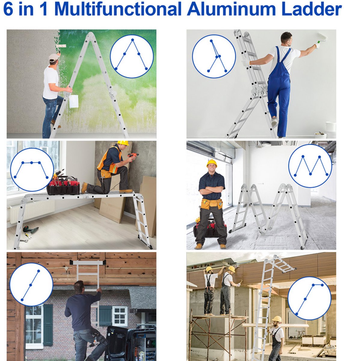 Multifunctionele vouwladder 6 in 1 - 4.7M Vouwladder 4 x 4 treden met platform - Aluminium Ladder, Mobiele Multifunctionele Ladder met Werkplatform, Stelling, Aluminium Rolsteiger, Huishoudladder, Draagvermogen tot 150 kg - Zilver – foto 7