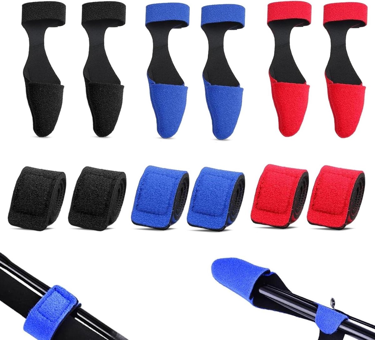 12 Stuks Hengelbanden - Vissen Hengelriemen met Anti-slip - Verstelbare Hengels - Klittenband - Hengelsokken - Hengelkap - Visaccessoires in Zwart, Blauw en Rood
