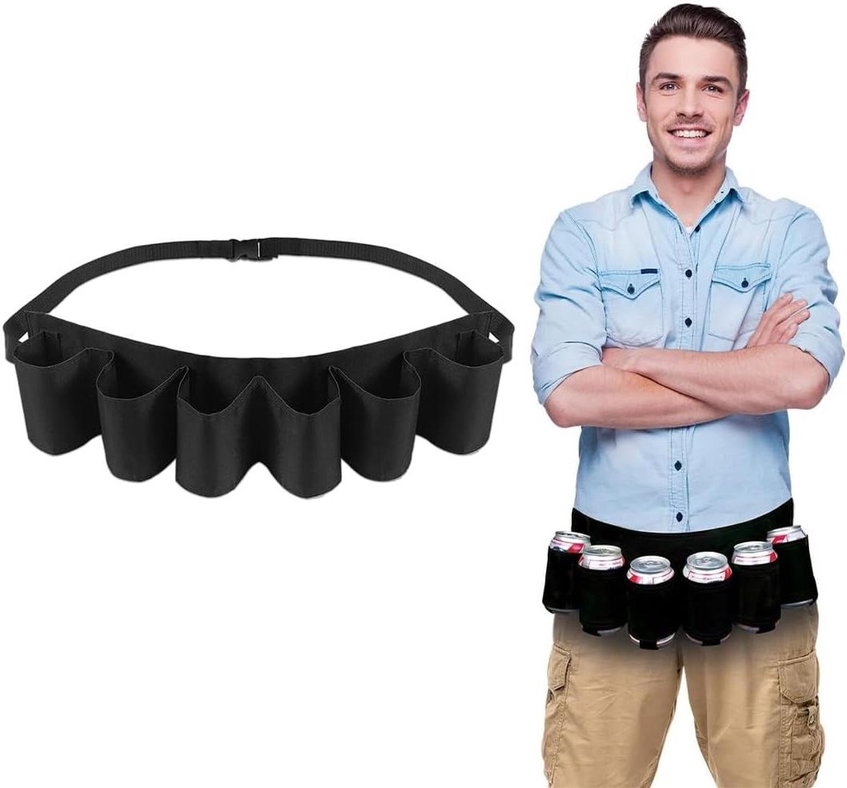 Allecto Plus - Bierriem voor 6 blikjes - Draagbaar voor kamperen en wandelen - Outdoor feestje - Zwart