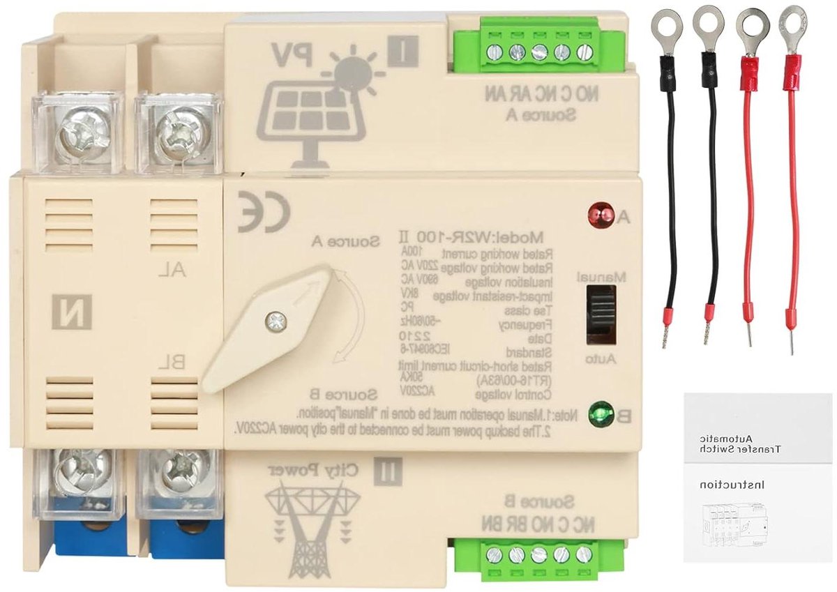 Allecto Plus - Automatische Overschakelschakelaar voor PV Systeem - 2P 220V 100A ATS Met Dual Power - Elektrische Keuzeschakelaar Din Rail