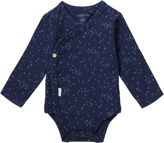 Body bleu foncé à manches longues, fermeture croisée sur le devant et imprimé all-over de petites fleurs claires.