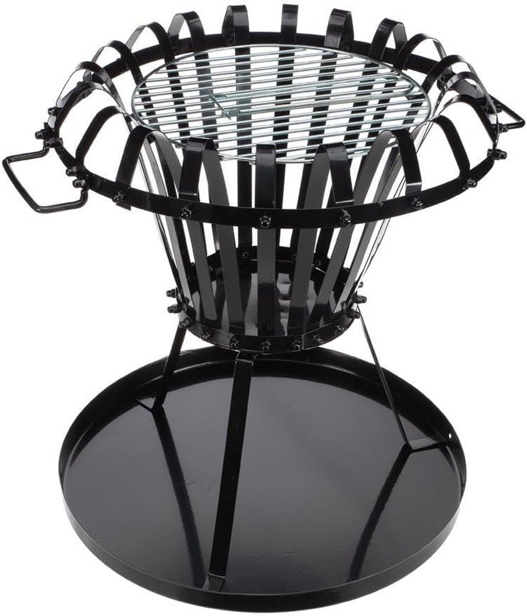 Vuurkorf met verchroomd grillrooster en bodemplaat - Rond 53.5 x Ø 50 cm - Gecoat metaal zwart