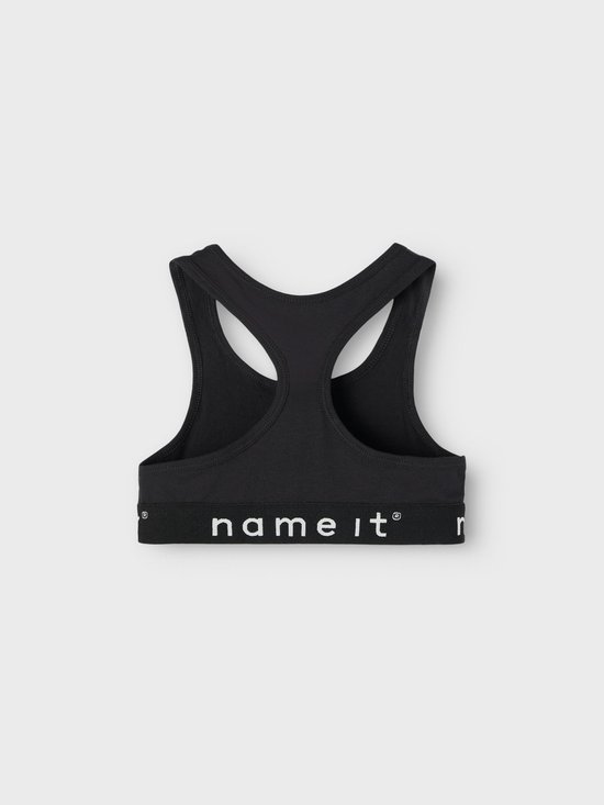 Zwart sporttopje van 'name it' met racerback en band met witte tekst.