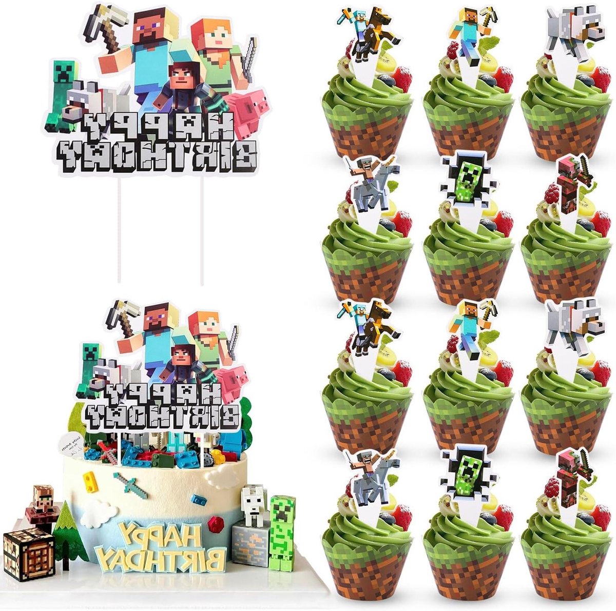 49-delige Game taartdecoratie set - Pixel thema, videospel feestdecoratie, inclusief 25 taarttoppers en 24 cupcake-toppers met wrappers - Miner game cupcakes en pixel muffin decoratie.