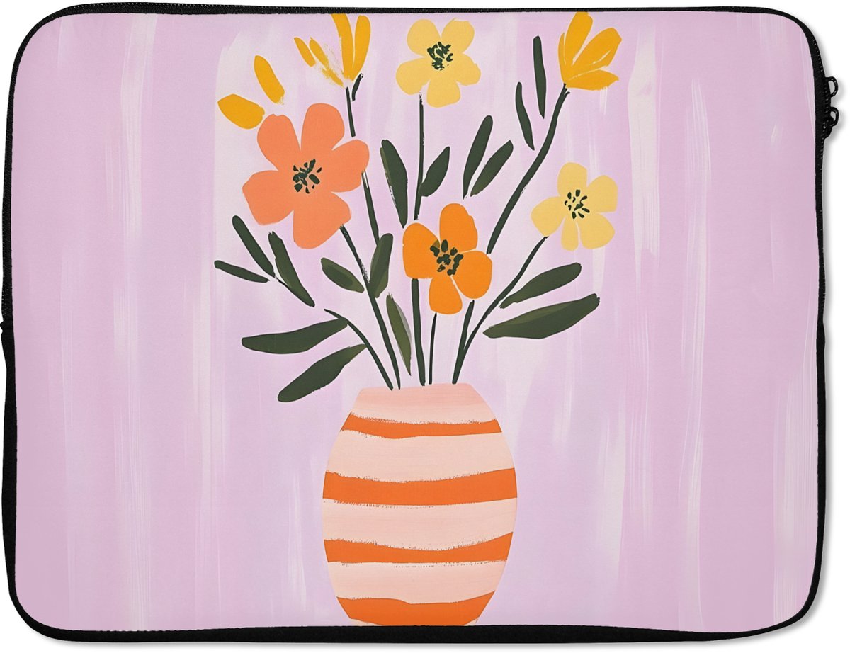 Laptophoes 15.6 inch - Vaas - Gestreept - Bloemen - Oranje - Laptop sleeve - Binnenmaat 37x26 cm - Zwarte achterkant