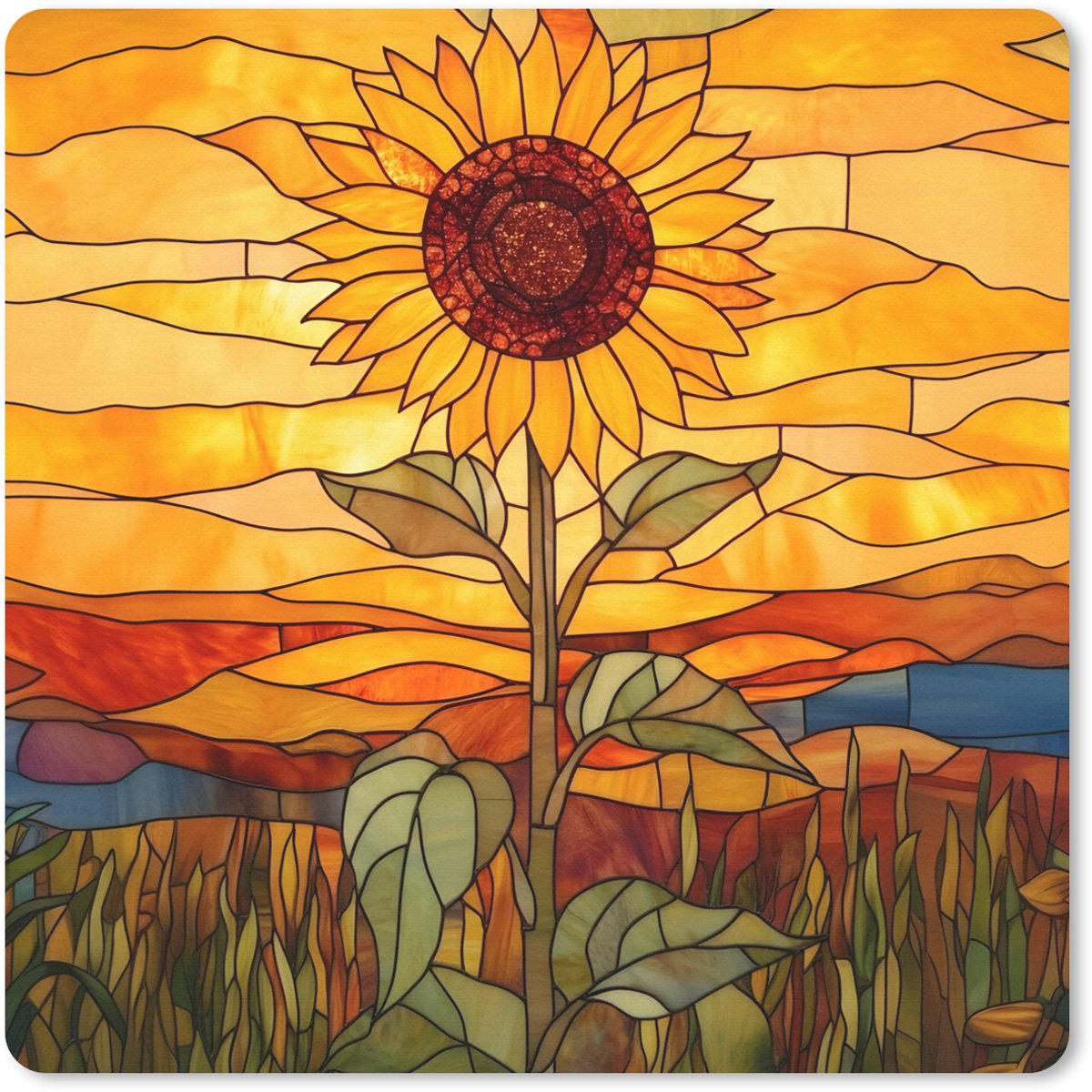 Muismat 20x20 cm - Mousepad Zonnebloem - Mozaïek - Zonsondergang - Geel - Muismatten
