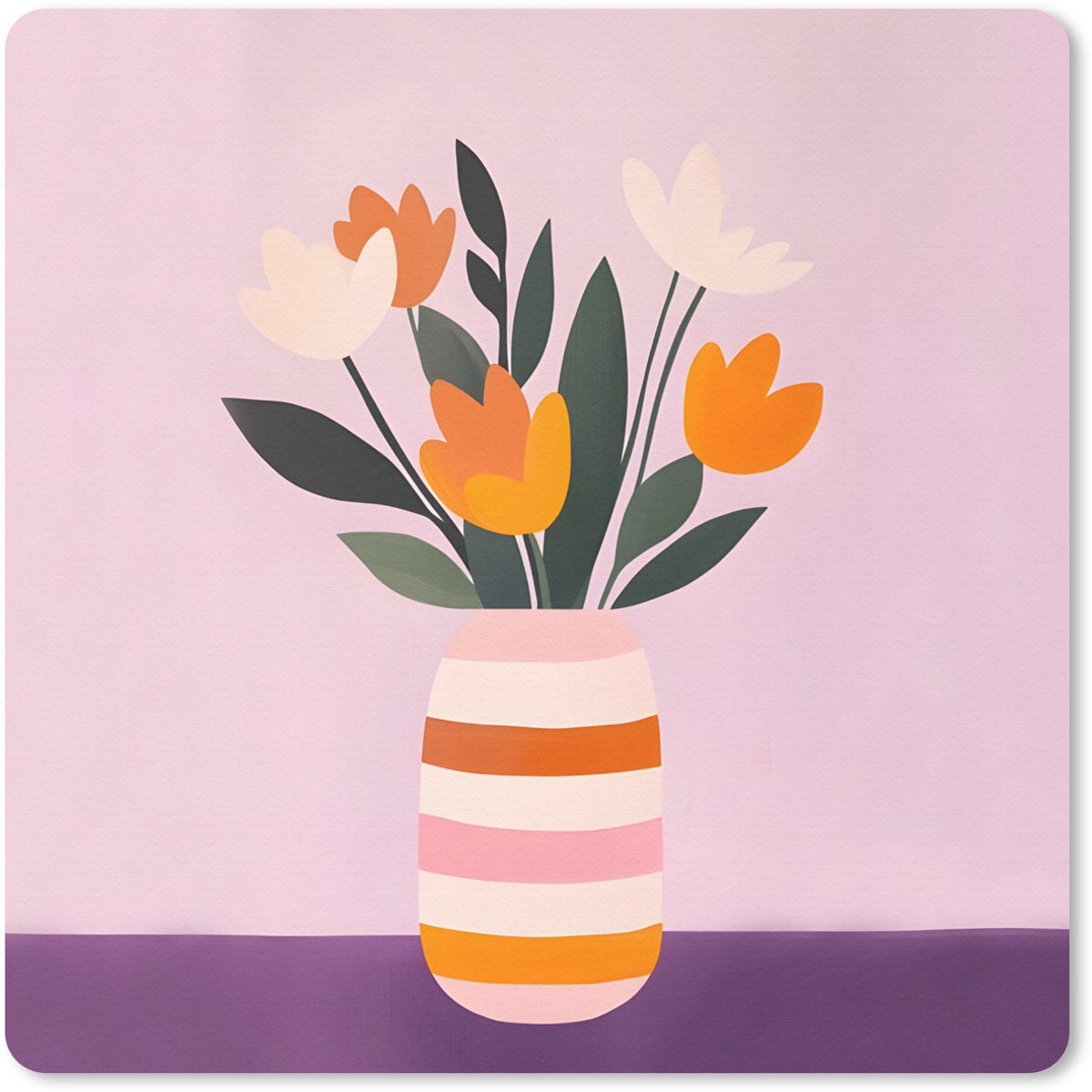 Muismat 20x20 cm - Mousepad Tulpen - Vaas - Strepen - Paars - Muismatten