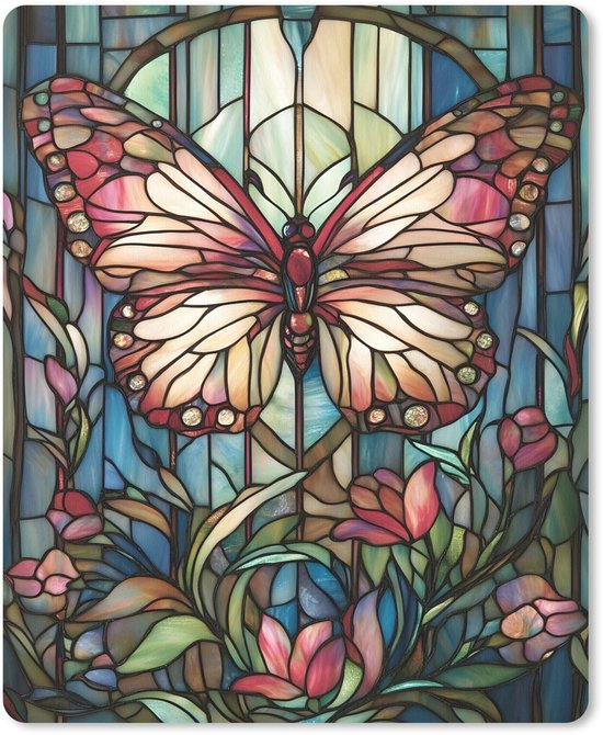 Muismat 19x23 cm - Mousepad Vlinder - Roze - Bloemen - Bladeren - Muismatten