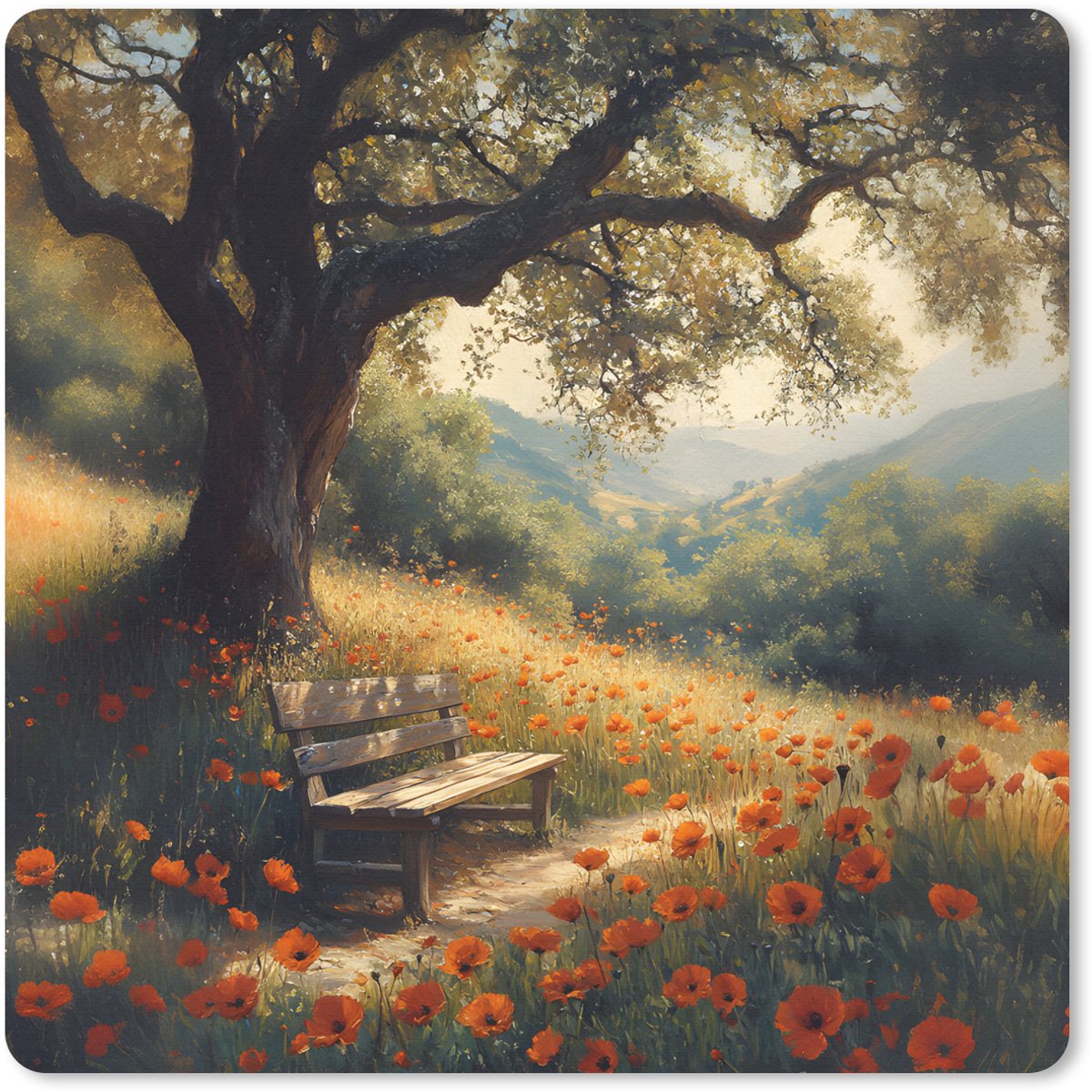 Muismat 20x20 cm - Mousepad Bankje - Boom - Klaprozen - Heuvels - Muismatten
