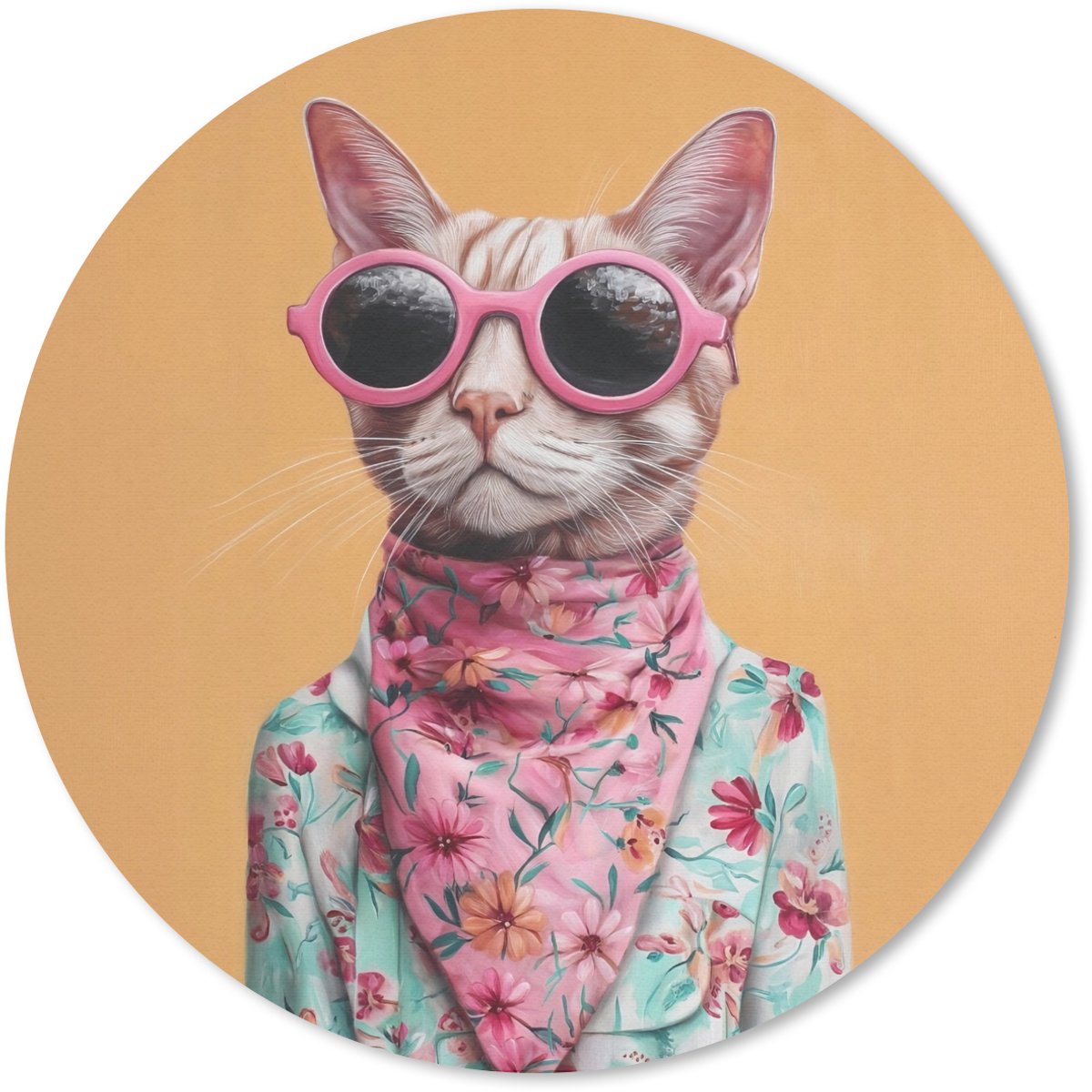 Muismat rond 40x40 cm - Mousepad Zonnebril - Kat - Sjaal - Bloemen - Ronde muismatten