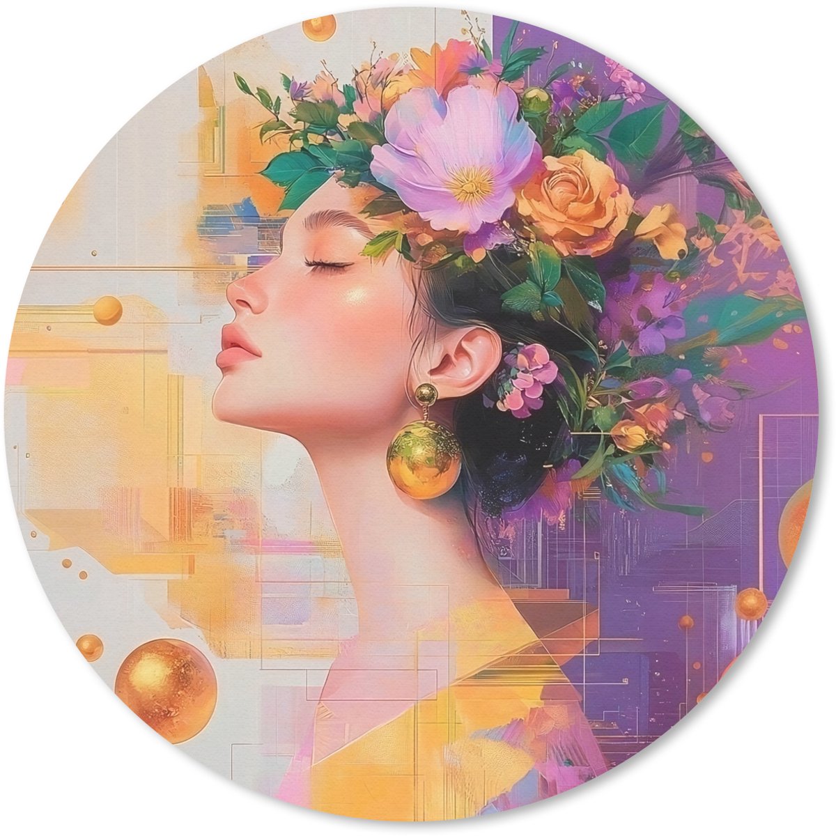 Muismat rond 50x50 cm - Mousepad Abstract - Vrouw - Bloemenkroon - Goud - Ronde muismatten