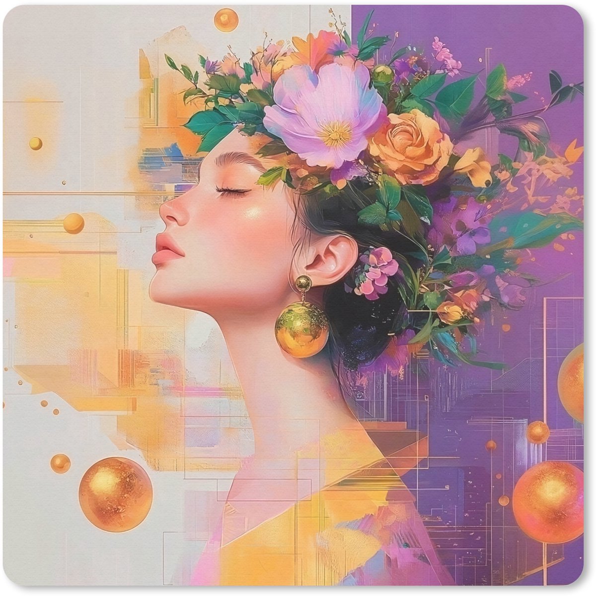 Muismat 20x20 cm - Mousepad Abstract - Vrouw - Bloemenkroon - Goud - Muismatten