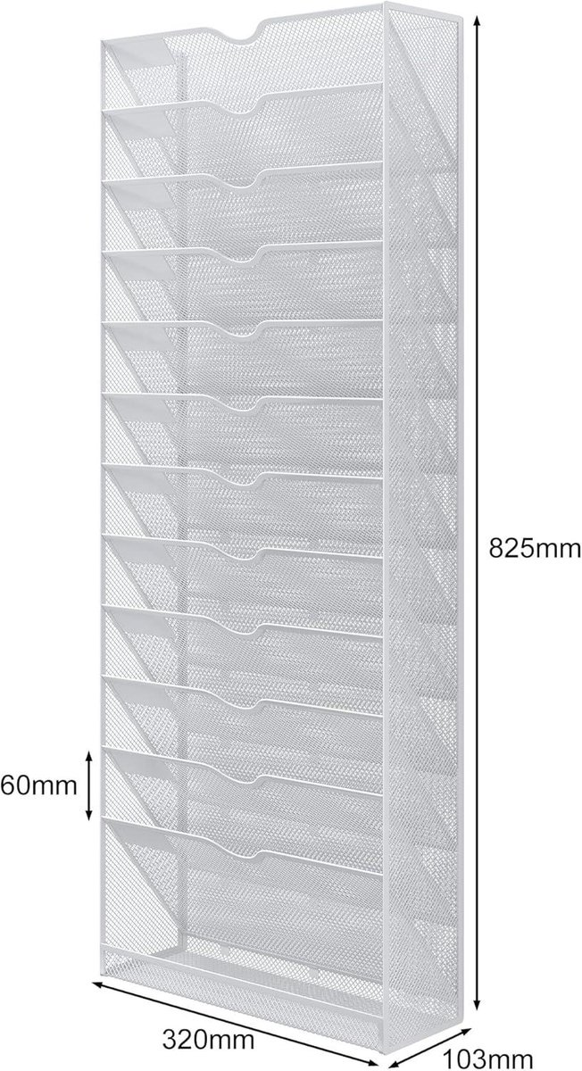 Hangende Muur Bestand Houder met Mail Organizer en Tijdschrift Opslagrek - Wit - 13 Tiers - A4 Formaat - Mesh Design - Kantoor en Thuisgebruik